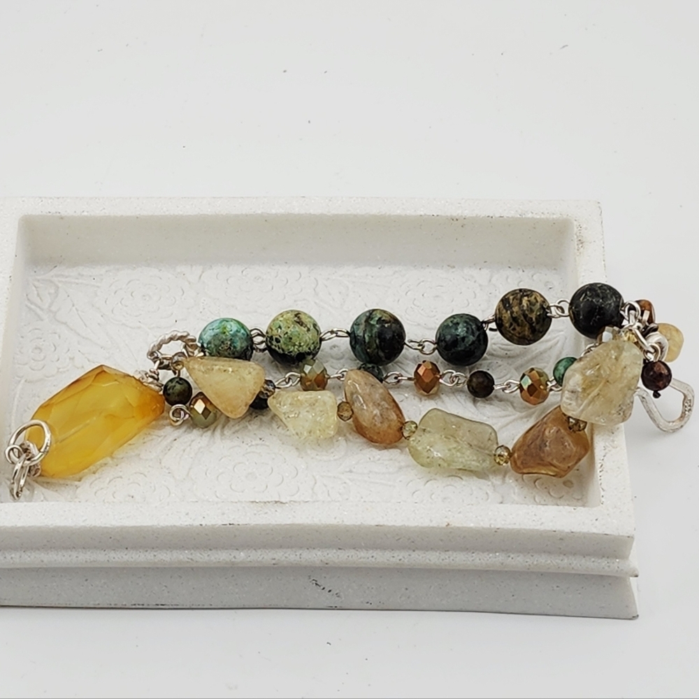 RAW CITRINE, AFRICAN TURQUOISE & CRYSTAL DANGLING HANDMADE BRACELET STERLING 6.5